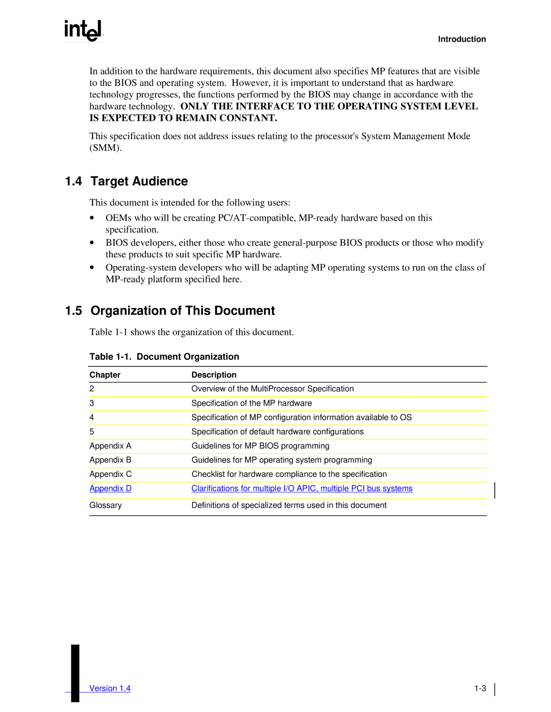 Intel MultiProcessor manual Target Audience, Organization of This Document, Document Organization, Introduction 