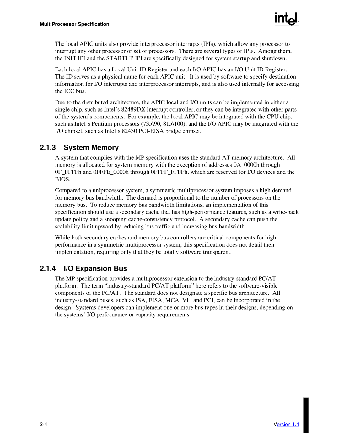 Intel MultiProcessor manual System Memory, 4 I/O Expansion Bus 