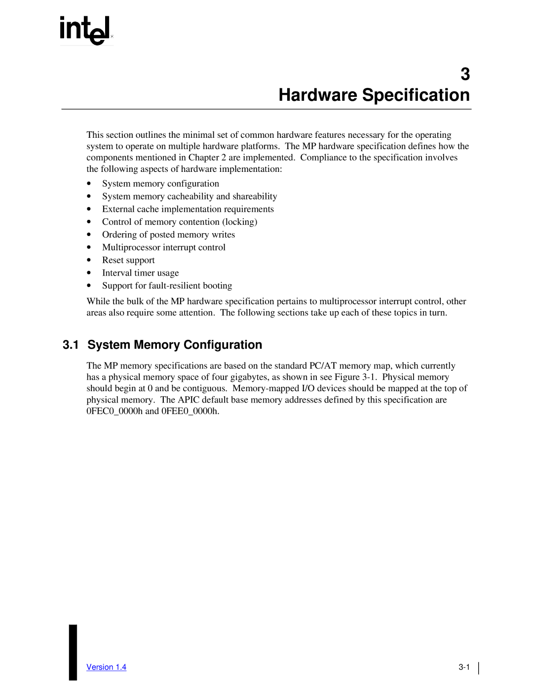 Intel MultiProcessor manual Hardware Specification, System Memory Configuration 