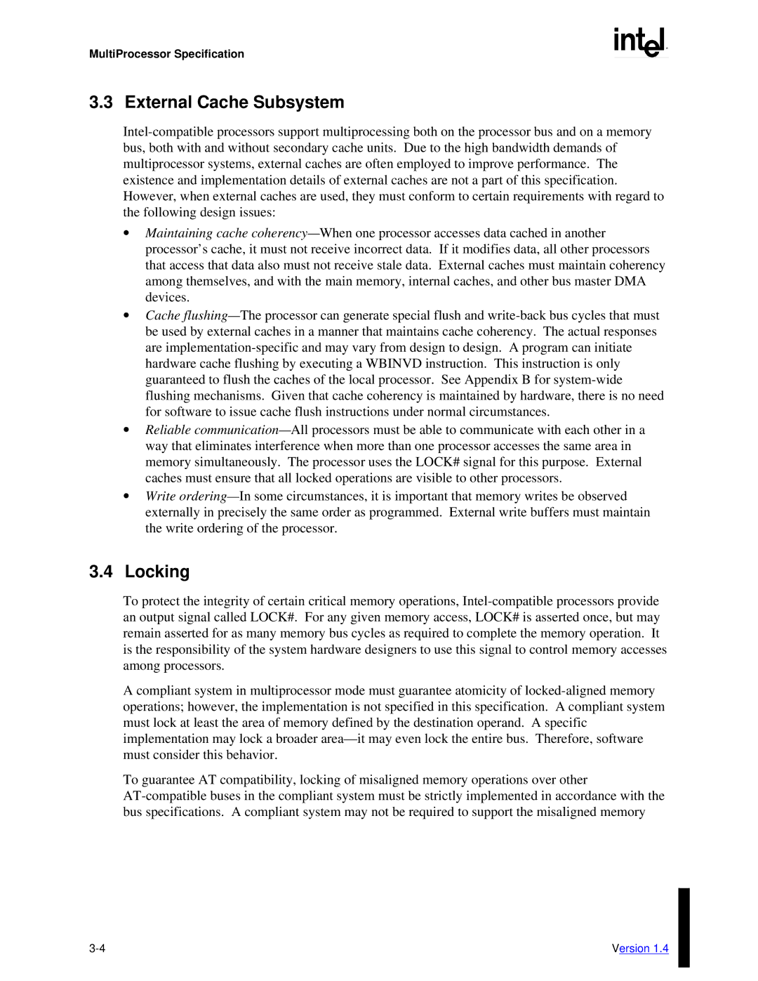 Intel MultiProcessor manual External Cache Subsystem, Locking 