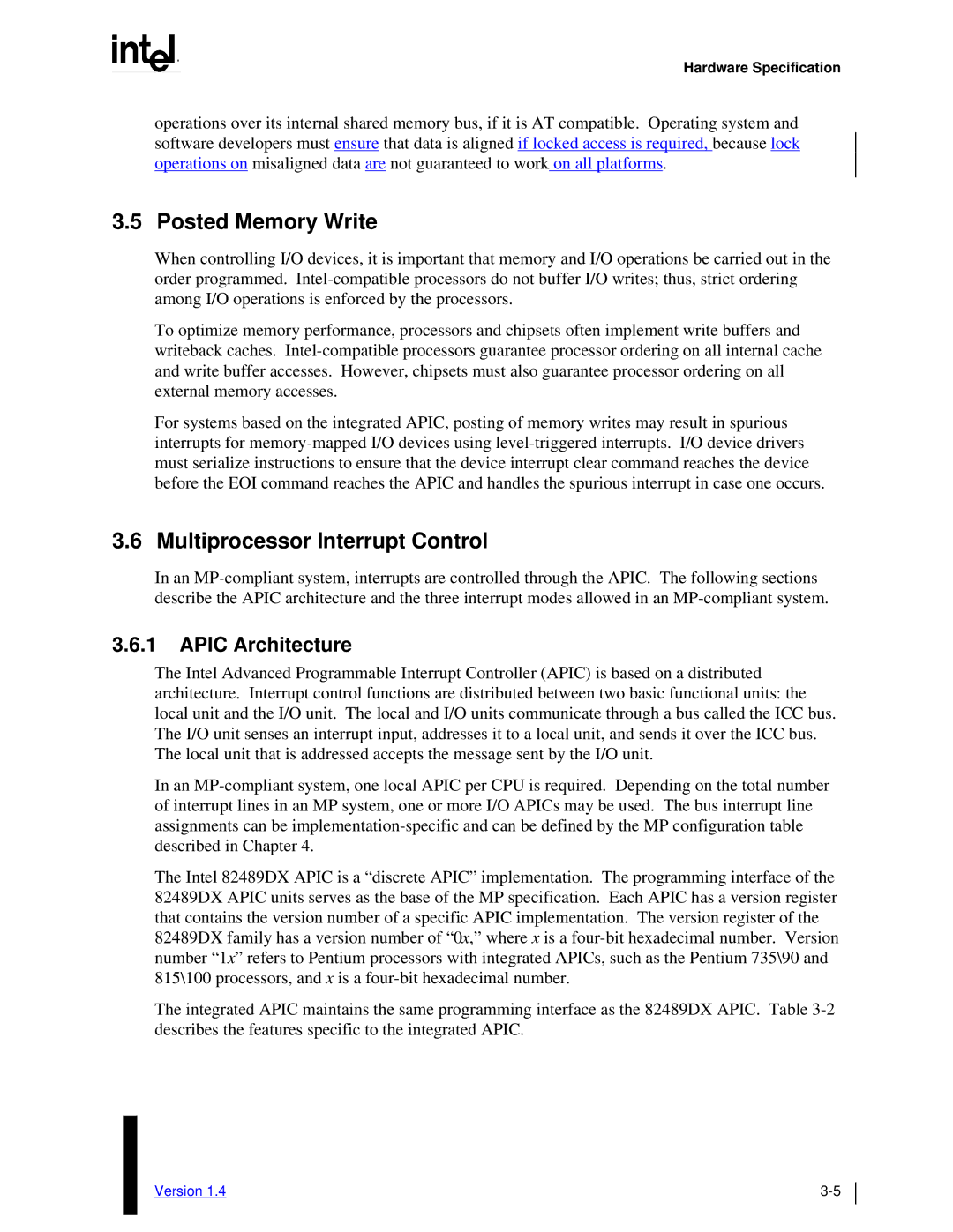 Intel MultiProcessor manual Posted Memory Write, Multiprocessor Interrupt Control, Apic Architecture 