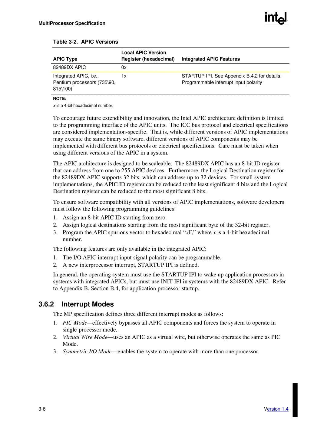 Intel MultiProcessor manual Interrupt Modes, Apic Versions 