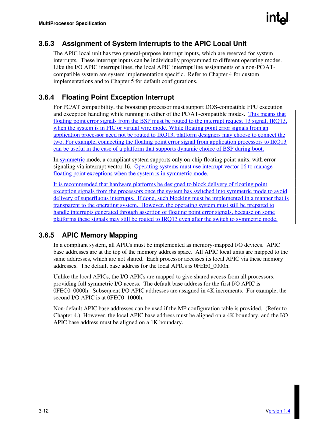 Intel MultiProcessor manual Assignment of System Interrupts to the Apic Local Unit, Floating Point Exception Interrupt 