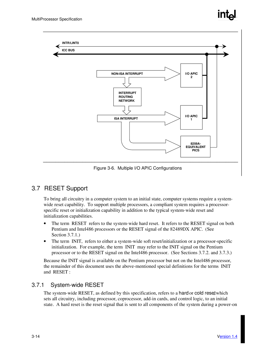 Intel MultiProcessor manual Reset Support, System-wide Reset 