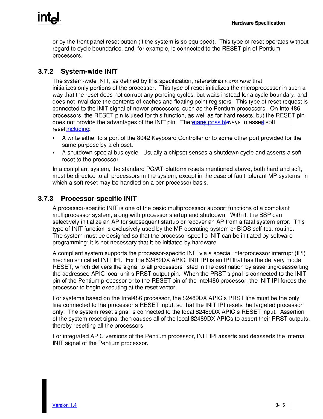 Intel MultiProcessor manual System-wide Init, Processor-specific Init 