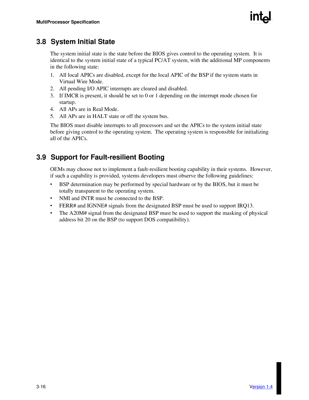 Intel MultiProcessor manual System Initial State, Support for Fault-resilient Booting 