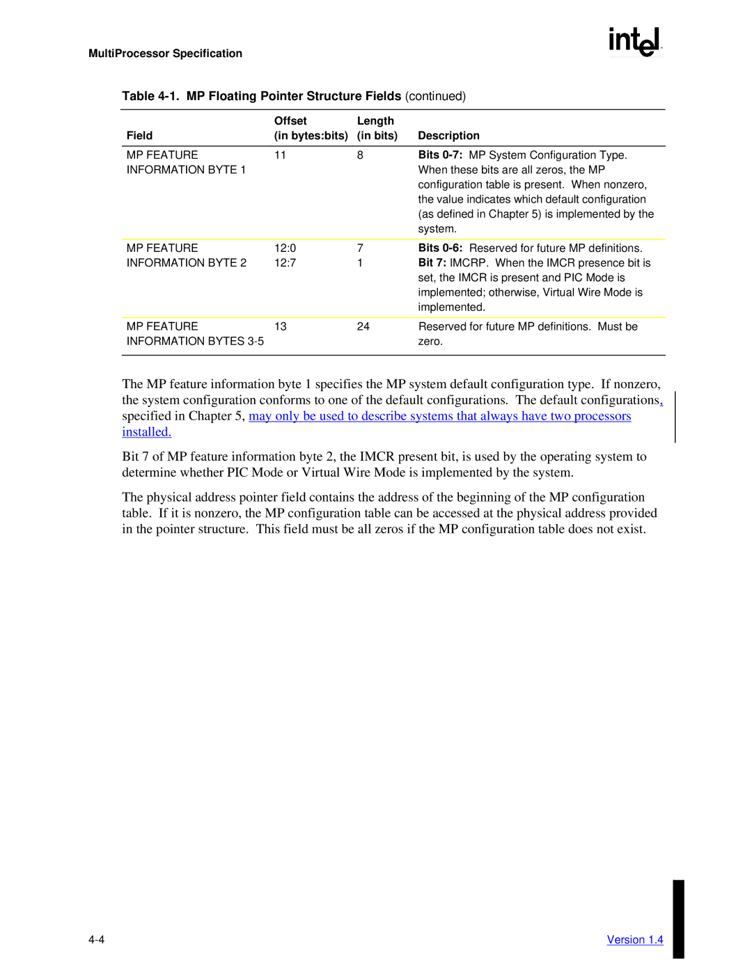 Intel MultiProcessor manual Offset Length Field Bytesbits Bits Description, MP Feature, Information Bytes 