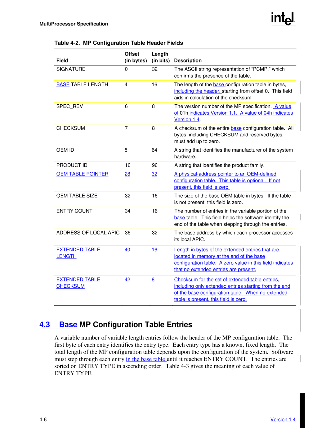 Intel MultiProcessor manual Base MP Configuration Table Entries, MP Configuration Table Header Fields 