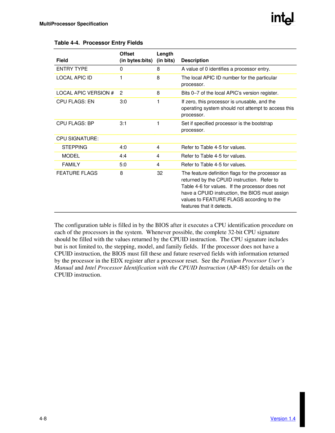 Intel MultiProcessor manual Processor Entry Fields 