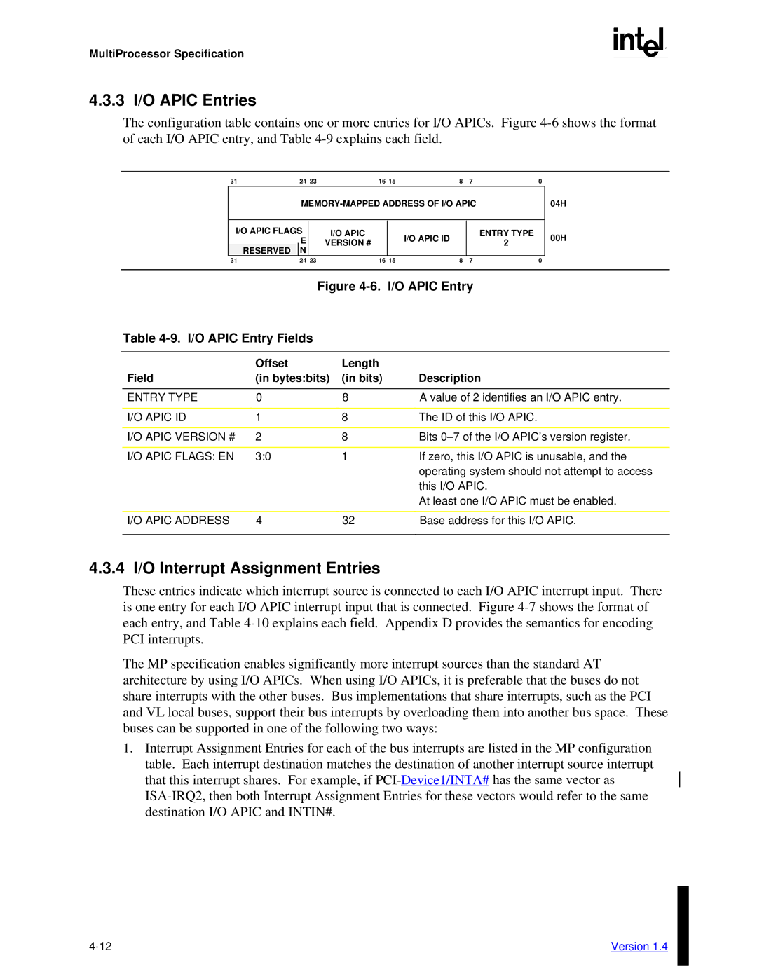 Intel MultiProcessor manual 3 I/O Apic Entries, 4 I/O Interrupt Assignment Entries, I/O Apic Entry Fields 