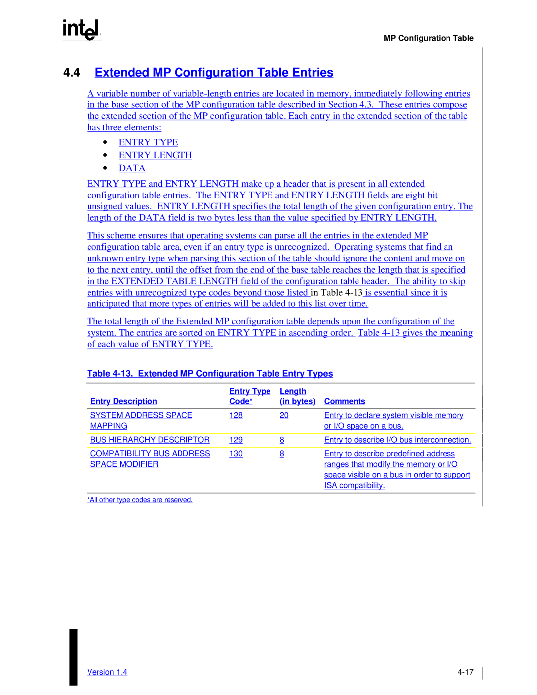 Intel MultiProcessor manual Extended MP Configuration Table Entries 