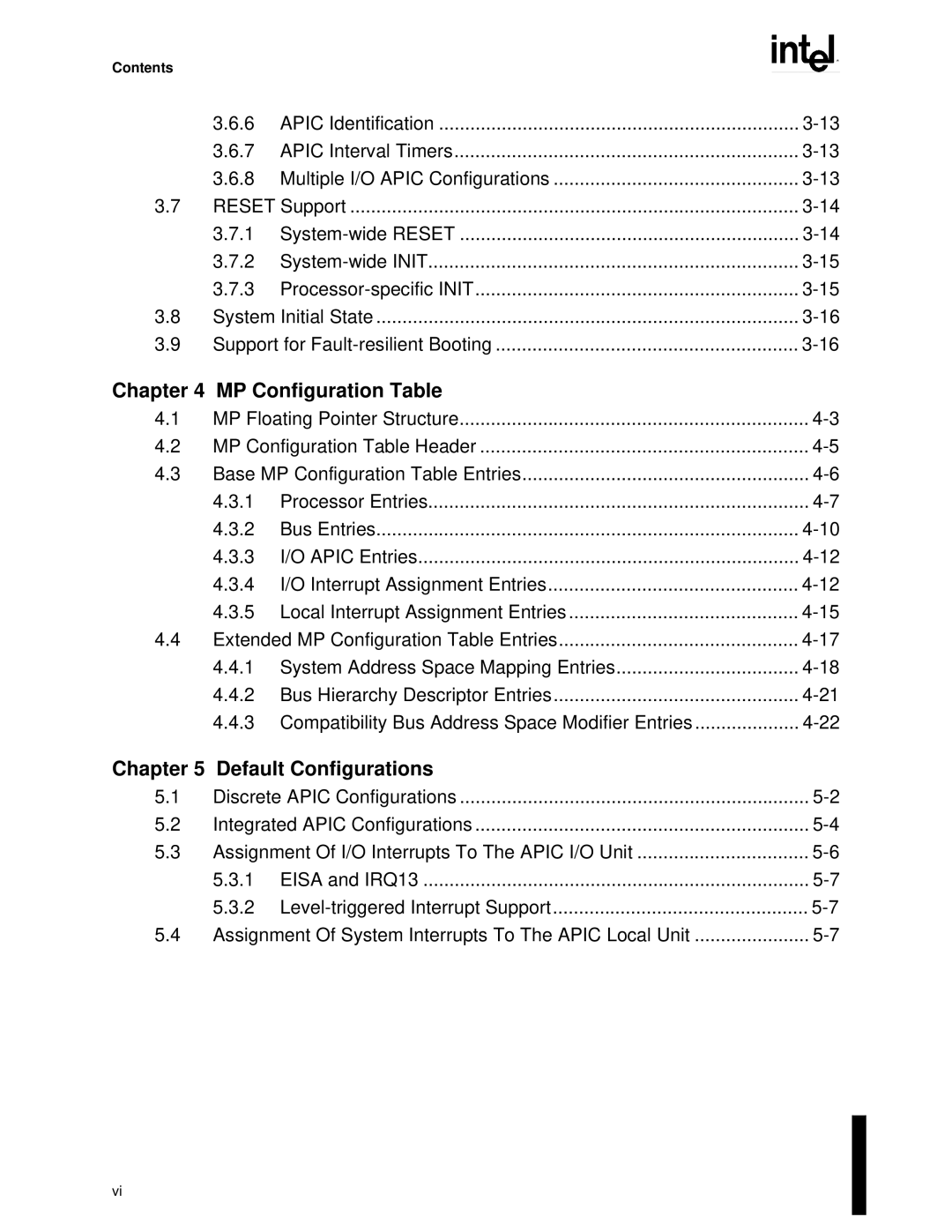 Intel MultiProcessor manual MP Configuration Table, Default Configurations, Contents 