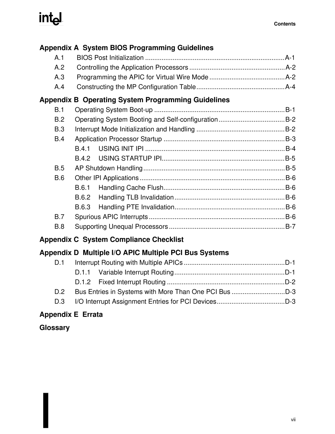 Intel MultiProcessor Appendix a System Bios Programming Guidelines, Appendix B Operating System Programming Guidelines 