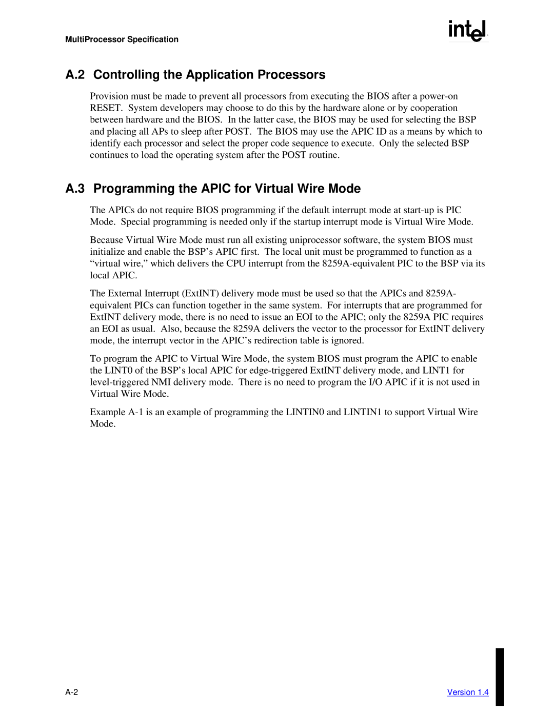 Intel MultiProcessor manual Controlling the Application Processors, Programming the Apic for Virtual Wire Mode 