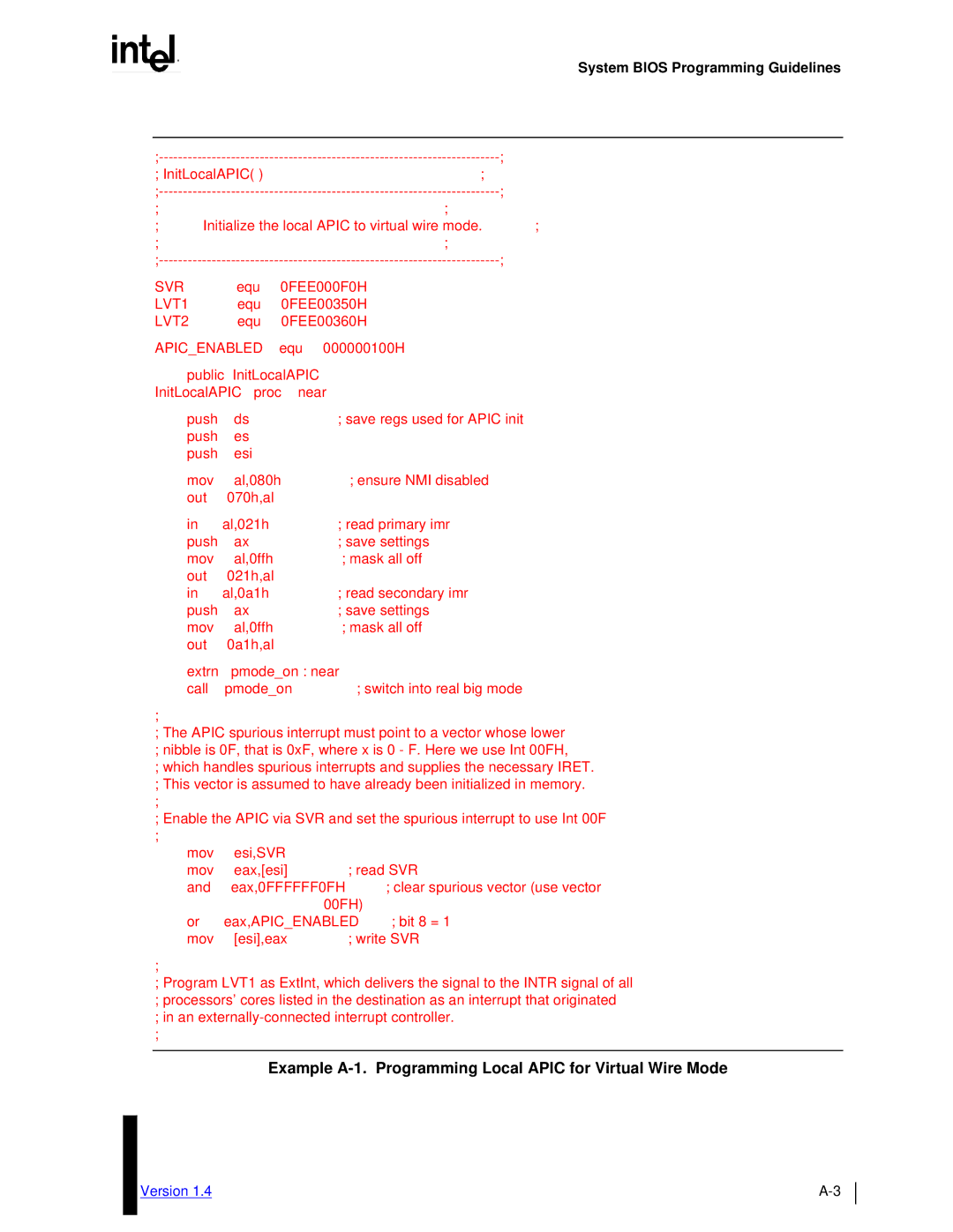 Intel MultiProcessor manual Example A-1. Programming Local Apic for Virtual Wire Mode, System Bios Programming Guidelines 