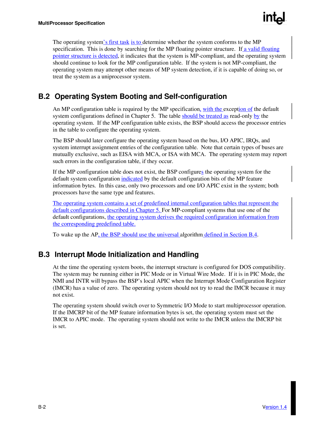 Intel MultiProcessor manual Operating System Booting and Self-configuration, Interrupt Mode Initialization and Handling 