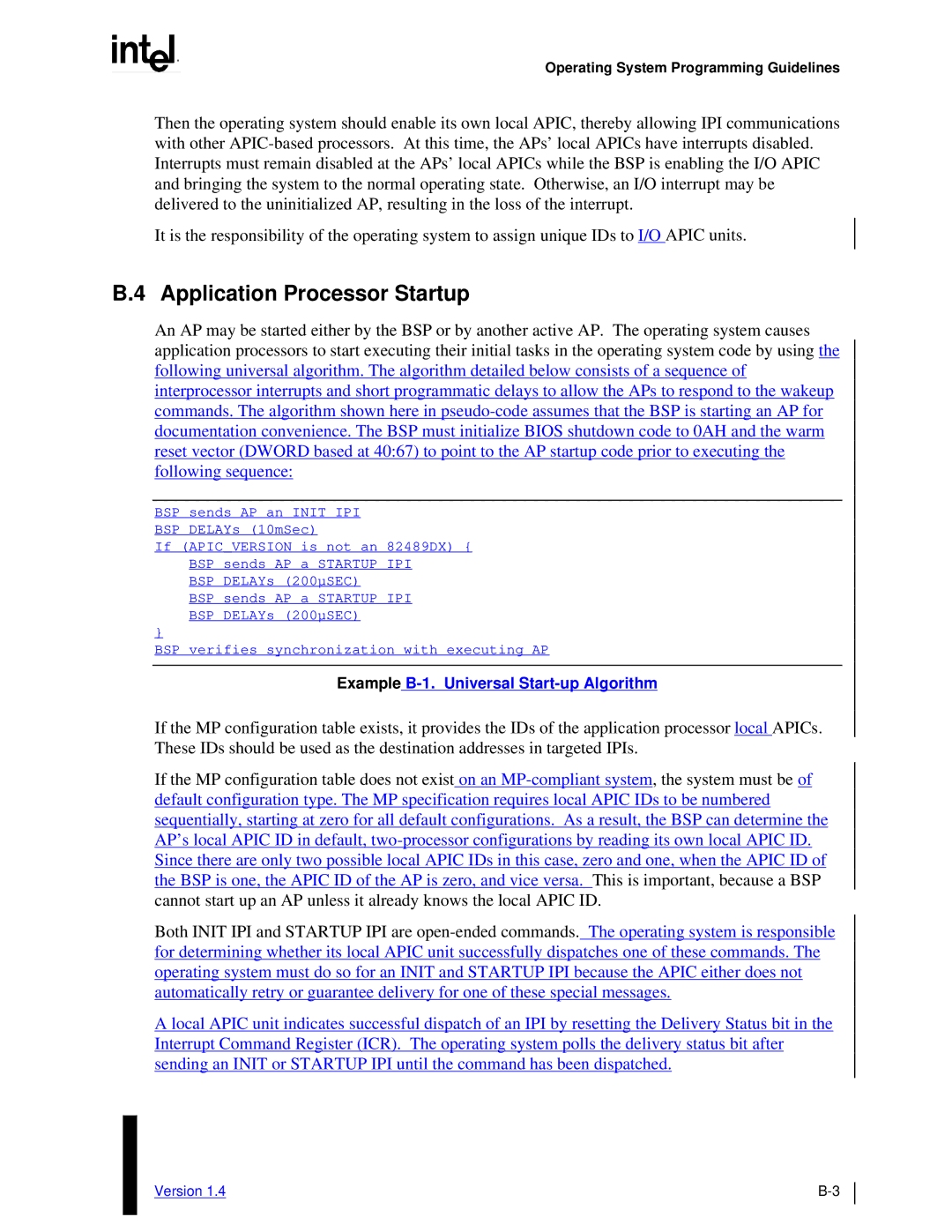 Intel MultiProcessor manual Application Processor Startup, Operating System Programming Guidelines 