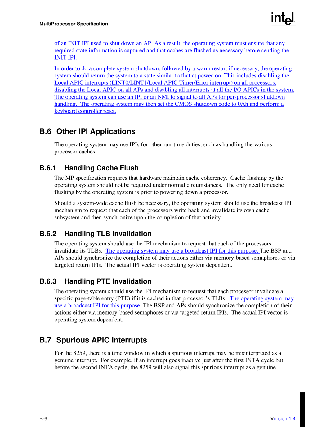 Intel MultiProcessor Other IPI Applications, Spurious Apic Interrupts, Handling Cache Flush, Handling TLB Invalidation 