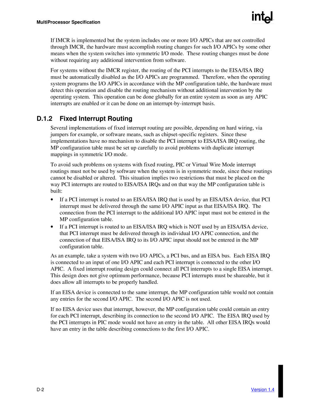 Intel manual Fixed Interrupt Routing, MultiProcessor Specification 