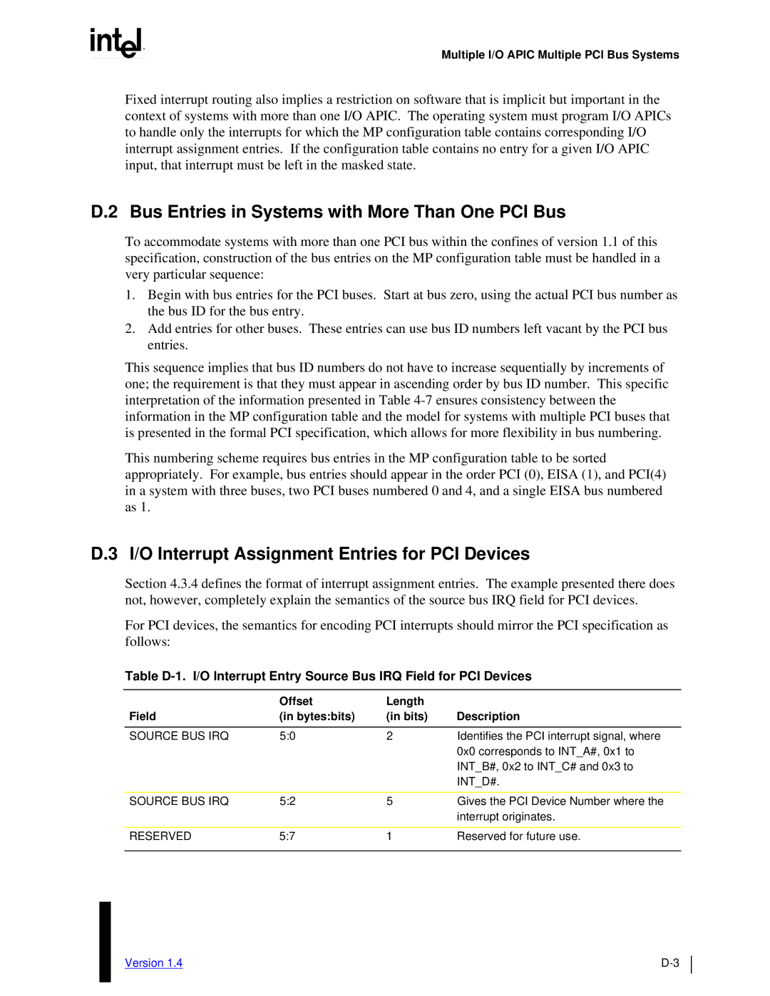 Intel MultiProcessor Bus Entries in Systems with More Than One PCI Bus, I/O Interrupt Assignment Entries for PCI Devices 