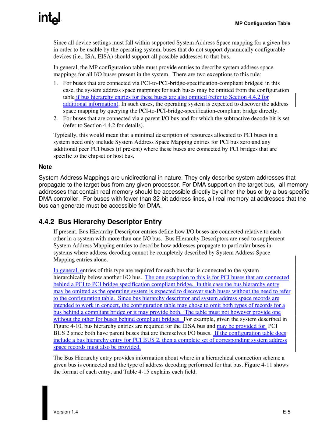 Intel MultiProcessor manual Bus Hierarchy Descriptor Entry, Space records must also be provided 