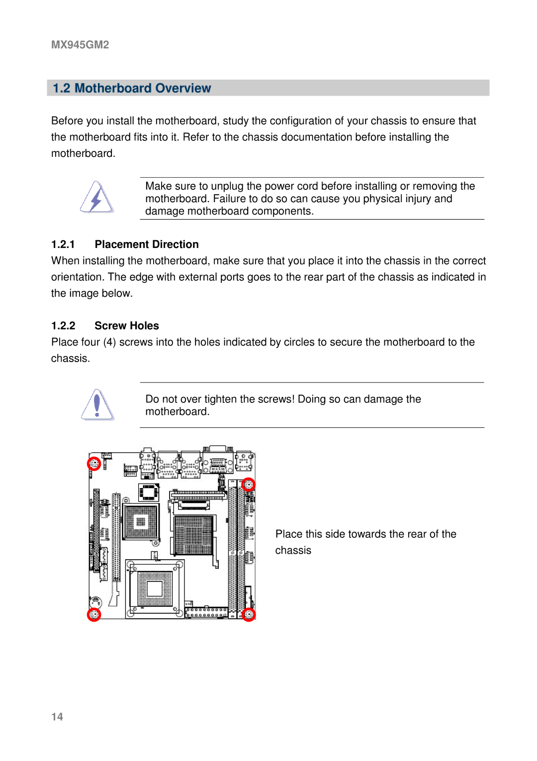 Intel MX945GM2 manual Motherboard Overview, Placement Direction, Screw Holes 