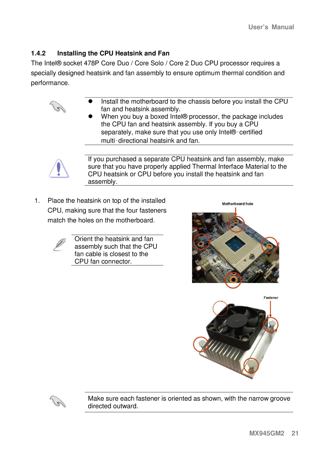 Intel MX945GM2 manual Installing the CPU Heatsink and Fan 