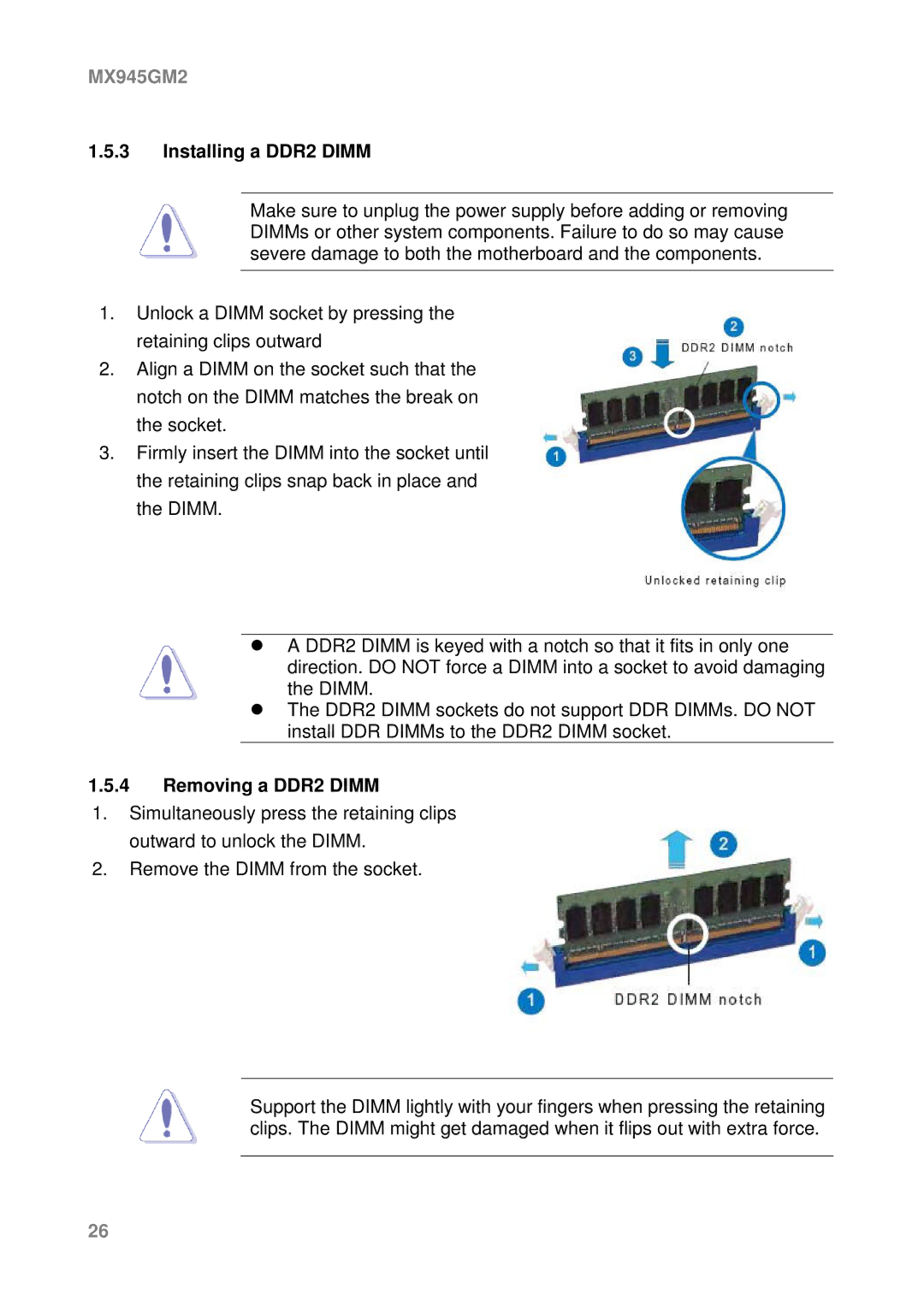 Intel MX945GM2 manual Installing a DDR2 Dimm, Removing a DDR2 Dimm 