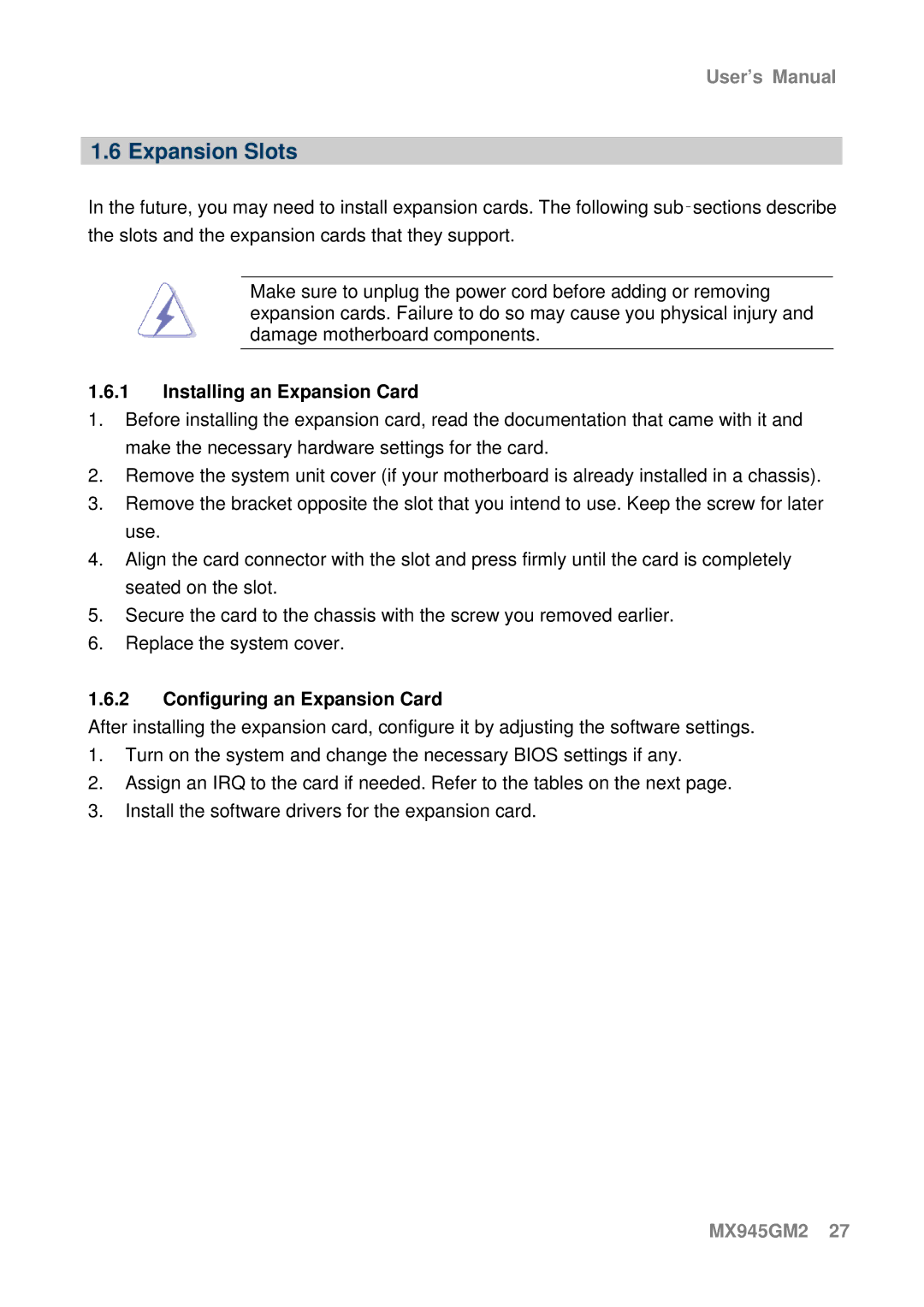 Intel MX945GM2 manual Expansion Slots, Installing an Expansion Card, Configuring an Expansion Card 