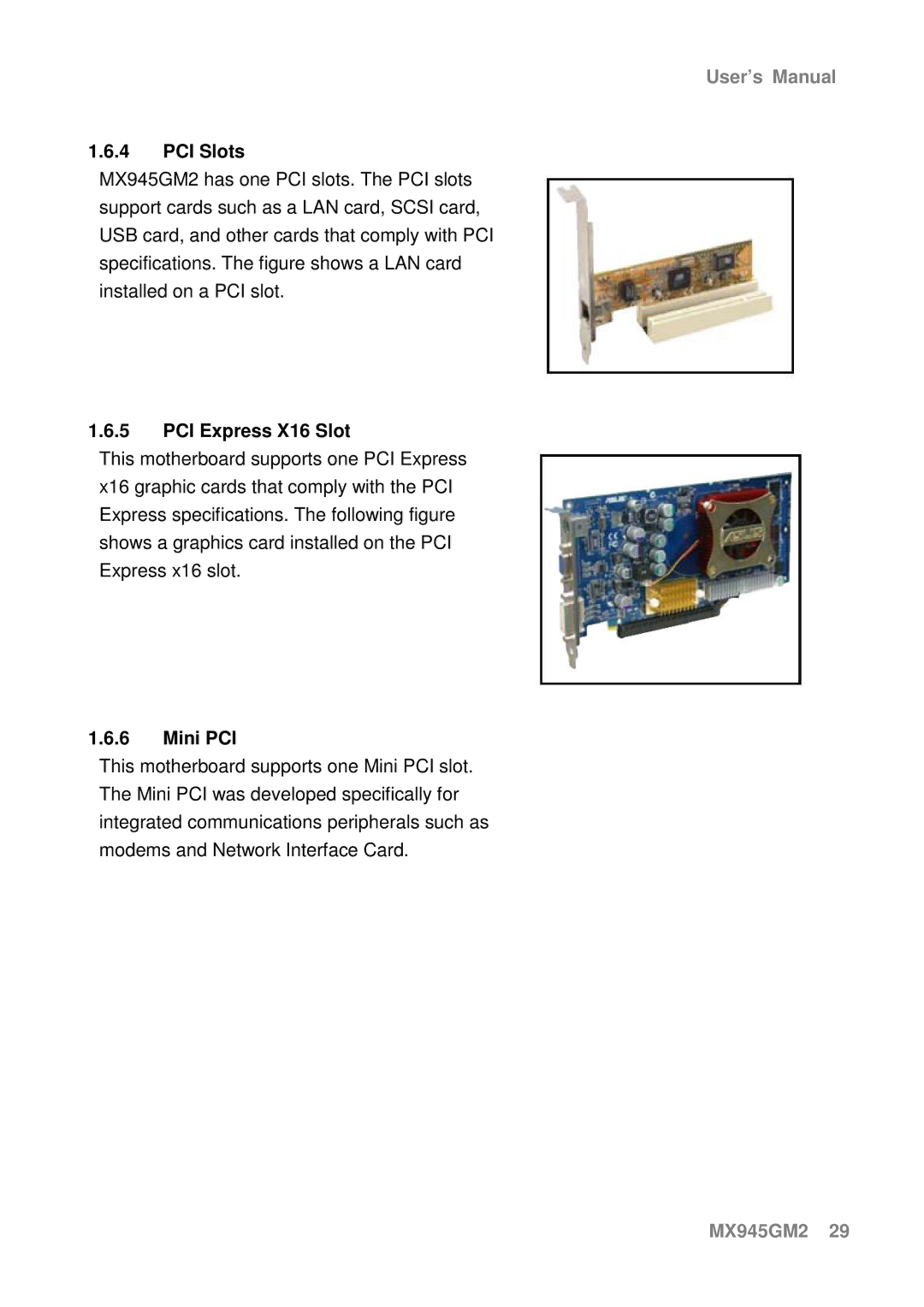 Intel MX945GM2 manual PCI Slots, PCI Express X16 Slot, Mini PCI 
