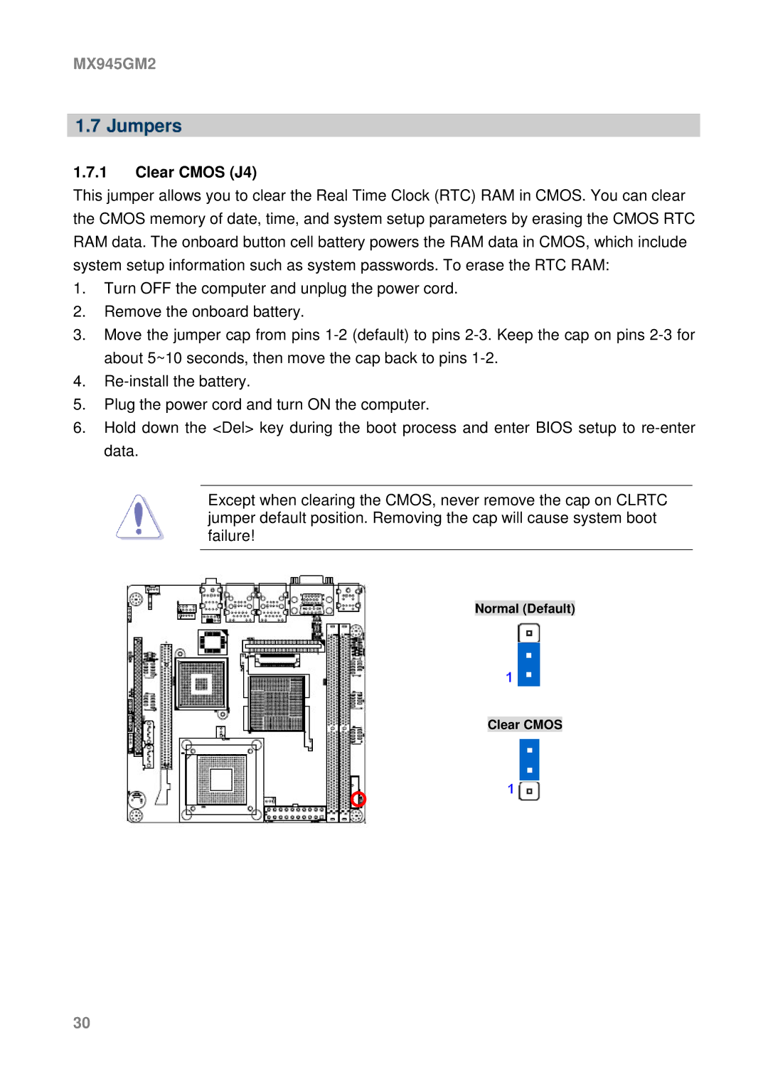 Intel MX945GM2 manual Jumpers, Clear Cmos J4 