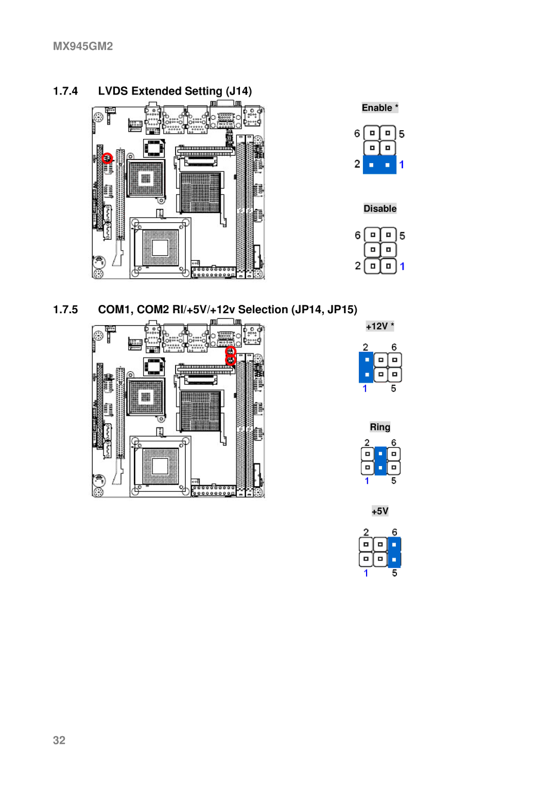 Intel MX945GM2 manual Lvds Extended Setting J14, 5 COM1, COM2 RI/+5V/+12v Selection JP14, JP15 