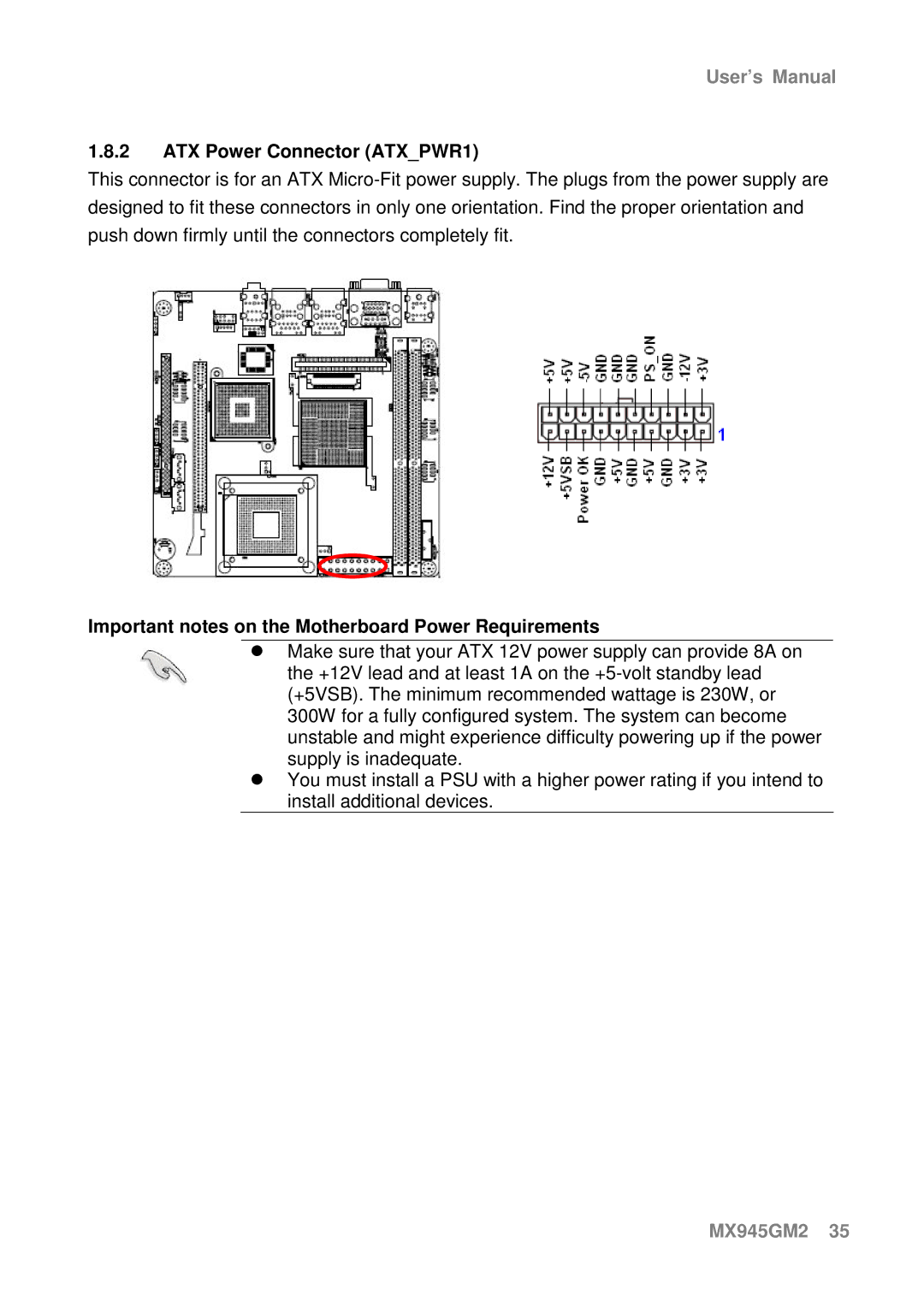 Intel MX945GM2 manual ATX Power Connector ATXPWR1, Important notes on the Motherboard Power Requirements 