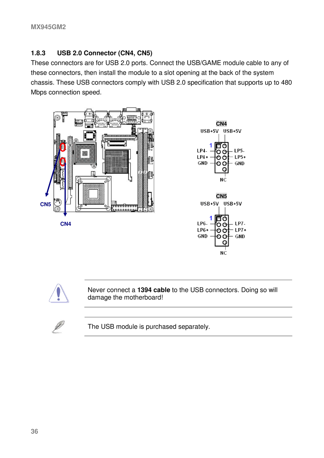 Intel MX945GM2 manual USB 2.0 Connector CN4, CN5 