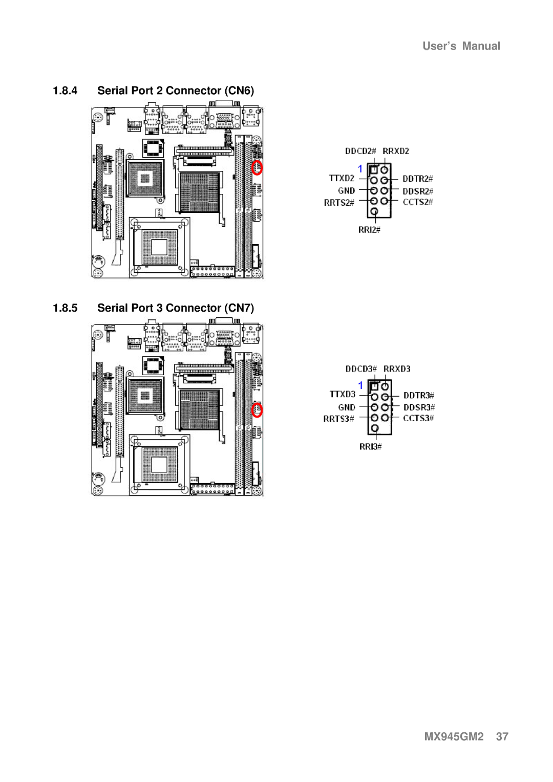 Intel MX945GM2 manual Serial Port 2 Connector CN6 Serial Port 3 Connector CN7 