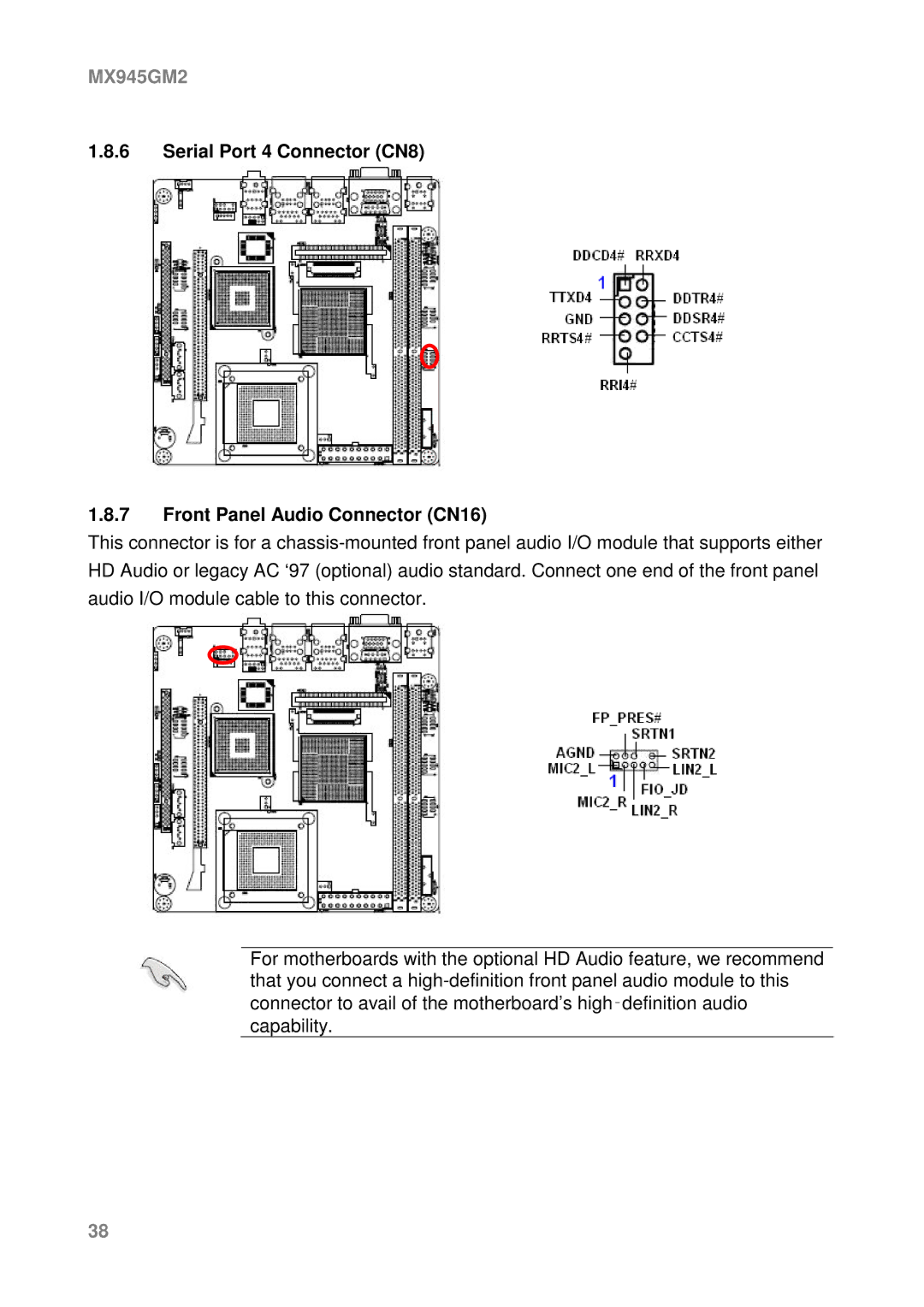 Intel MX945GM2 manual Serial Port 4 Connector CN8 Front Panel Audio Connector CN16 