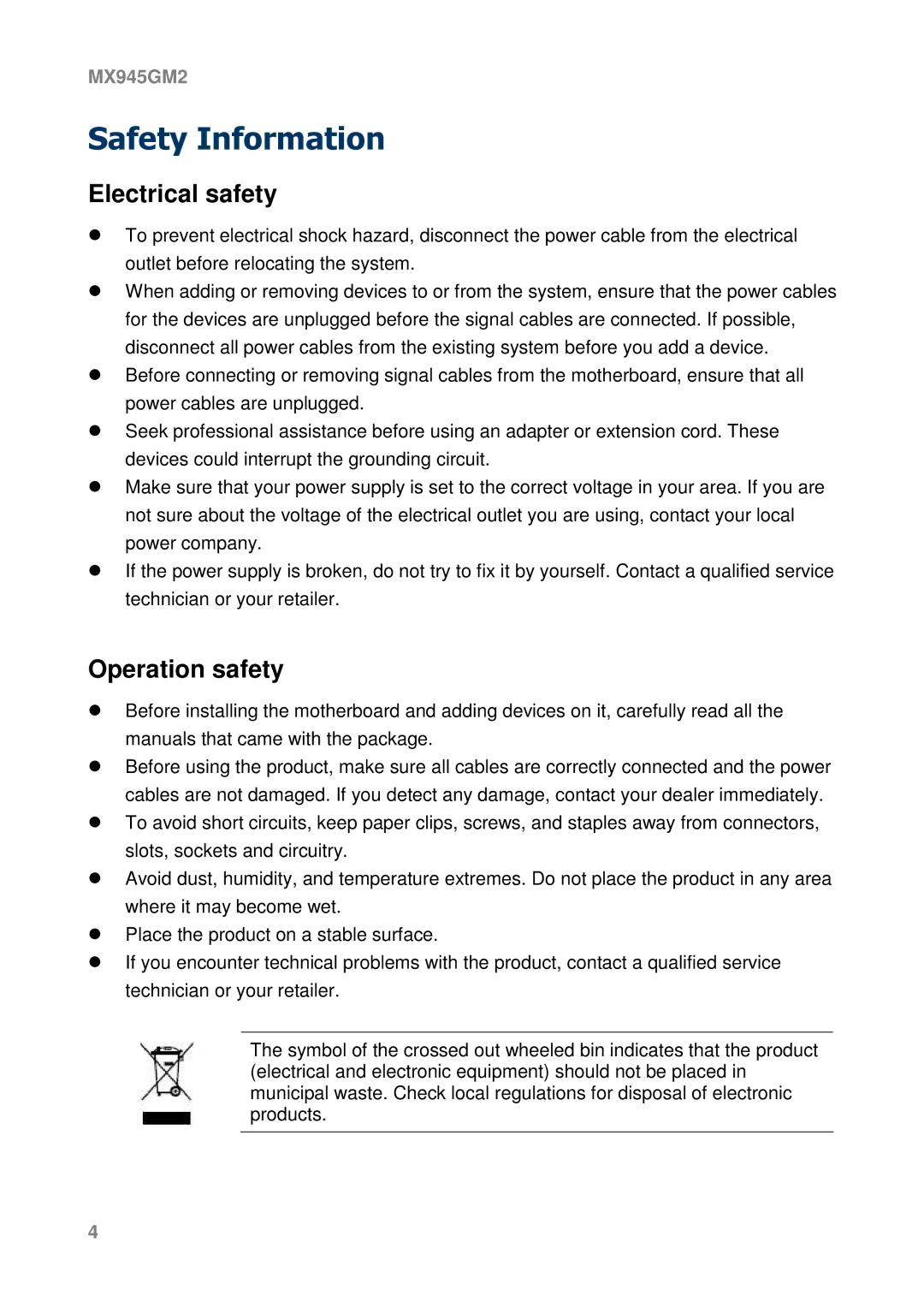 Intel MX945GM2 manual Electrical safety 