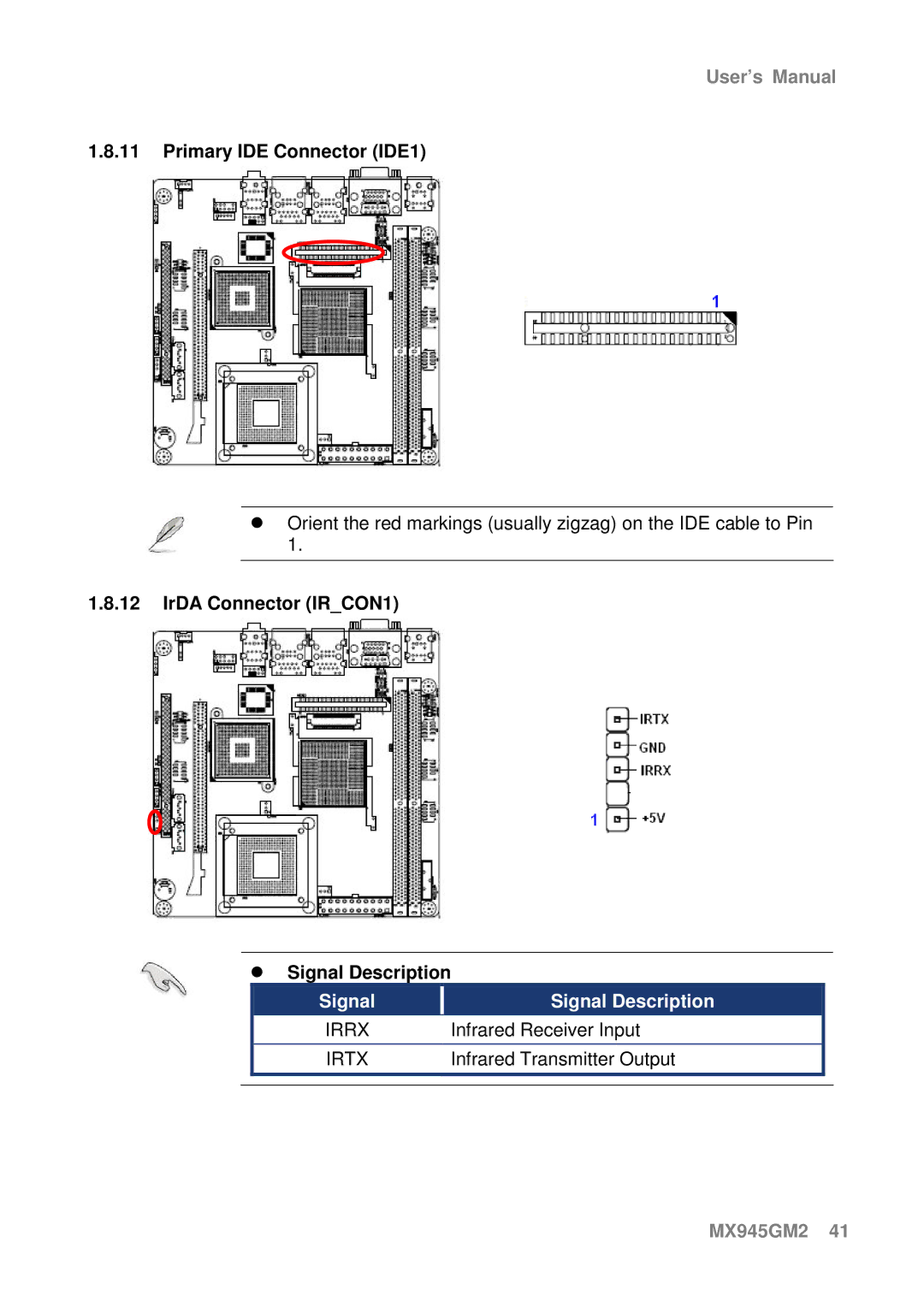 Intel MX945GM2 manual Primary IDE Connector IDE1, IrDA Connector IRCON1 Signal Description 