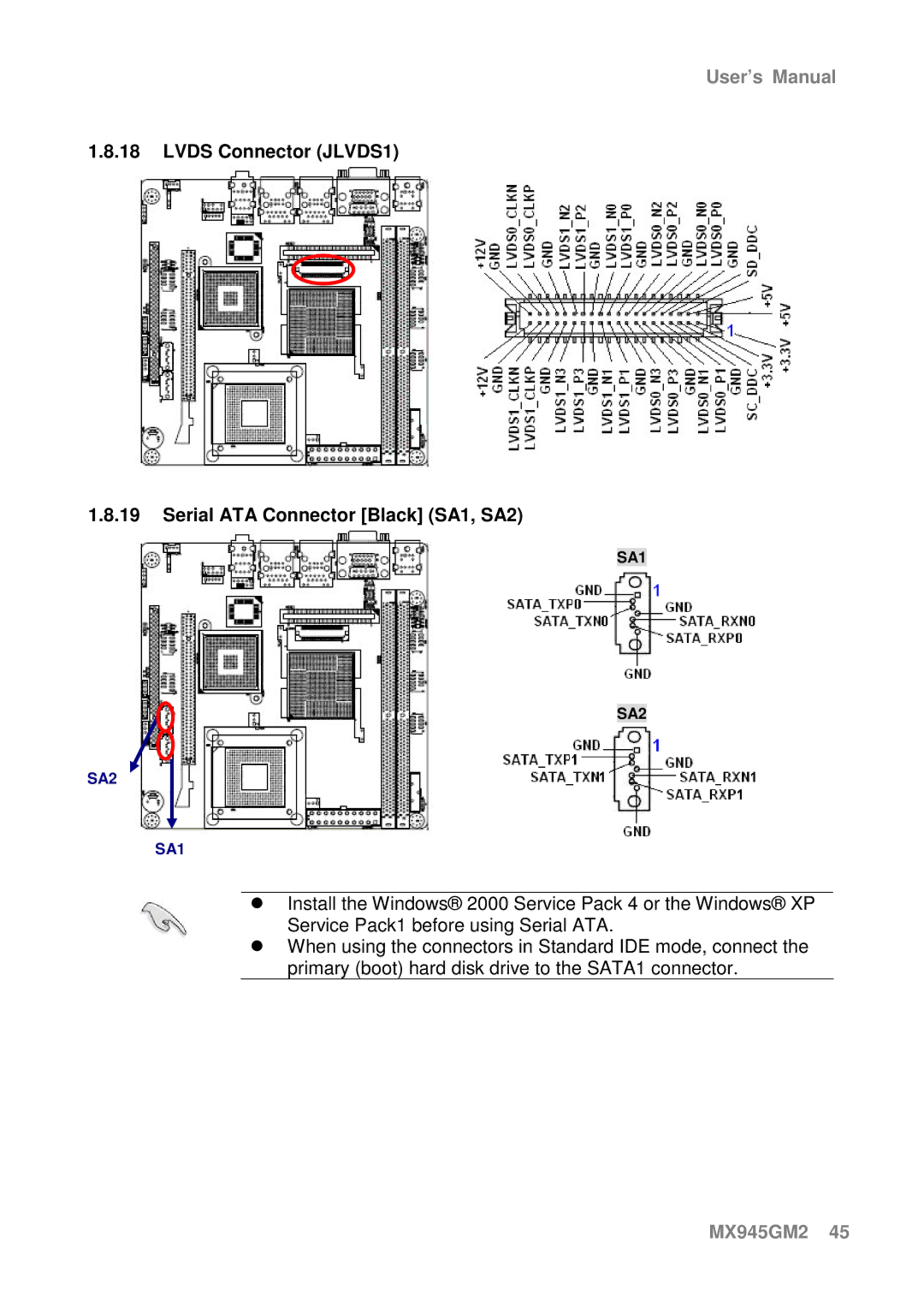 Intel MX945GM2 manual Lvds Connector JLVDS1 Serial ATA Connector Black SA1, SA2 