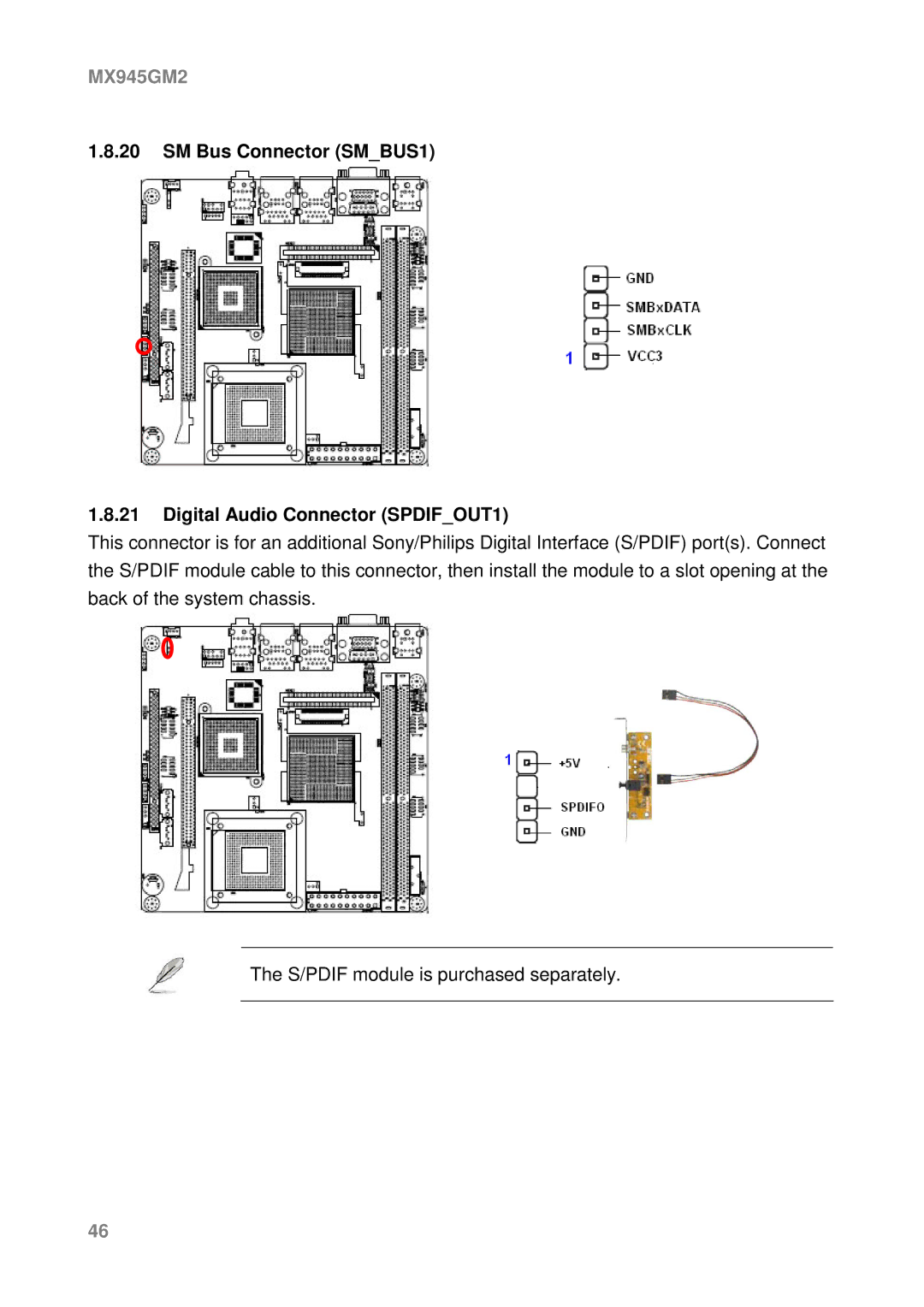 Intel MX945GM2 manual SM Bus Connector SMBUS1 Digital Audio Connector SPDIFOUT1 