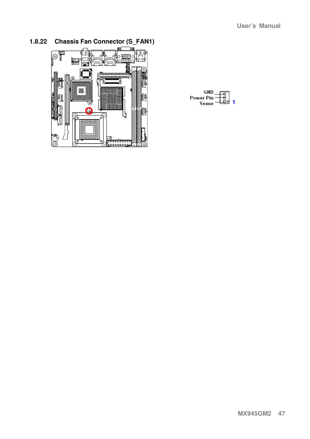 Intel MX945GM2 manual Chassis Fan Connector SFAN1 