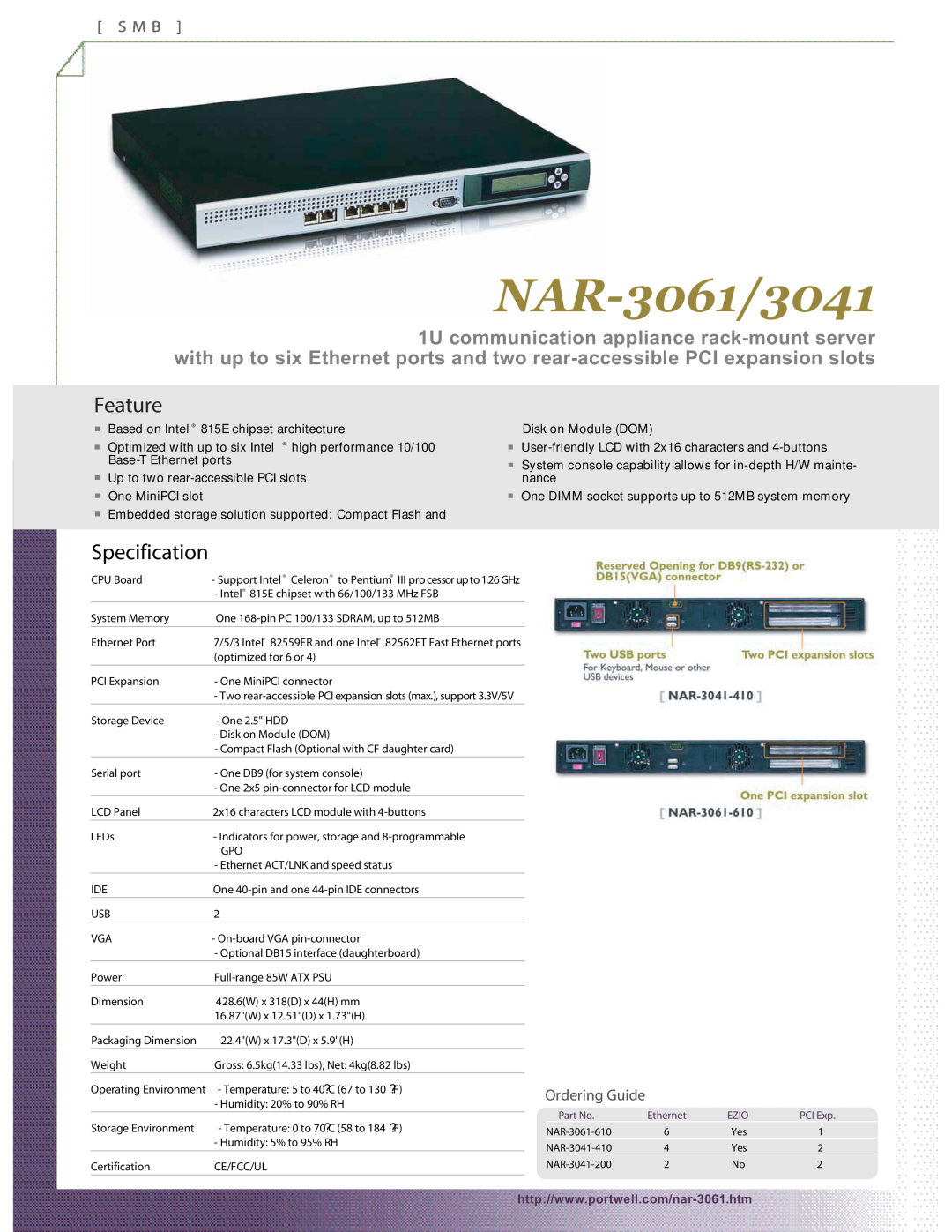 Intel manual NAR-3061/3041, Feature, Specification, S M B, Ordering Guide, Based on Intel 815E chipset architecture 
