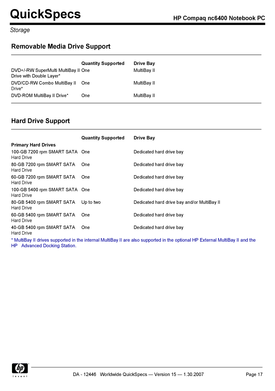 Intel nc6400 manual Quantity Supported Drive Bay Primary Hard Drives 