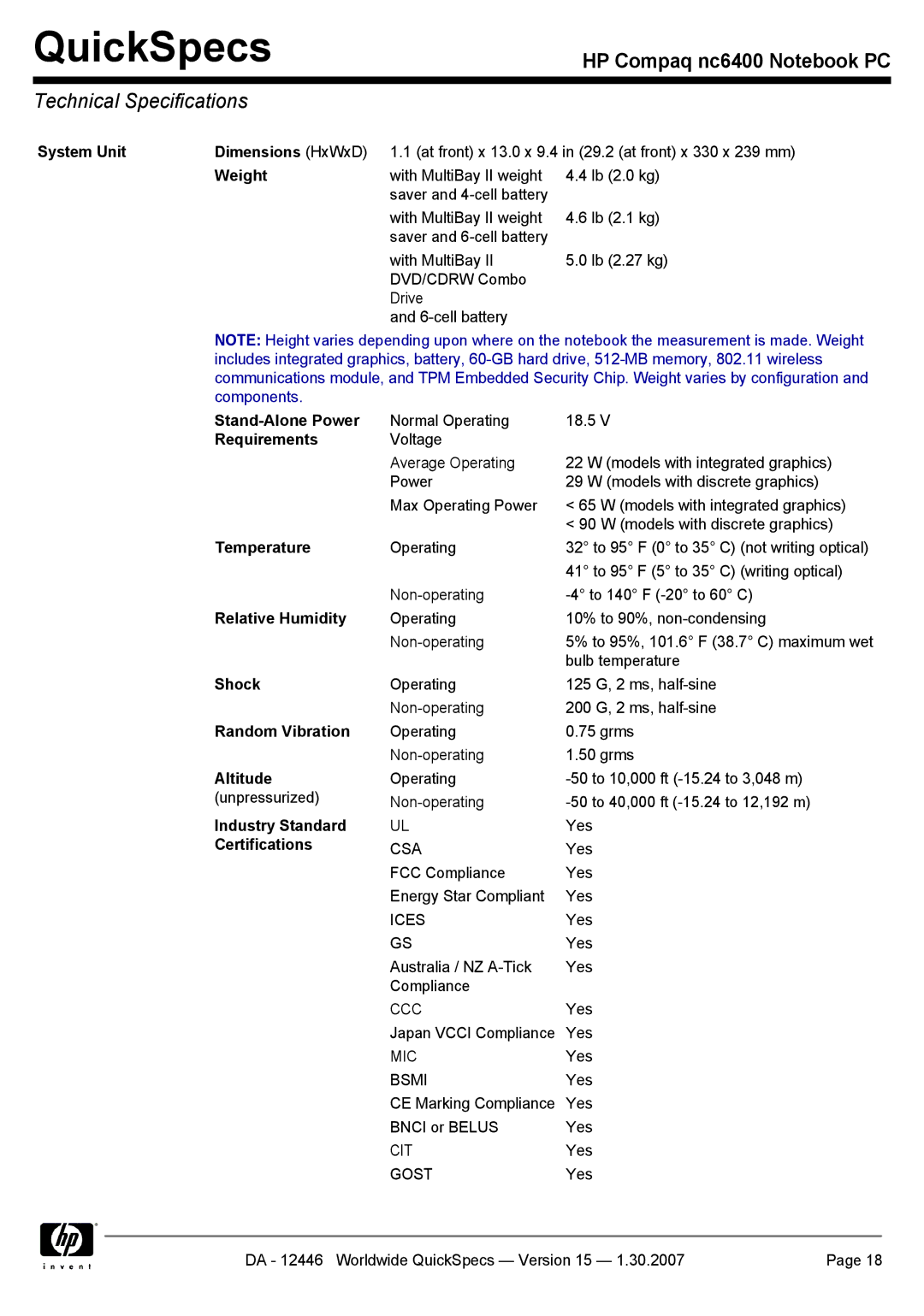 Intel nc6400 System Unit Dimensions HxWxD, Weight, Stand-Alone Power, Requirements, Temperature, Relative Humidity, Shock 