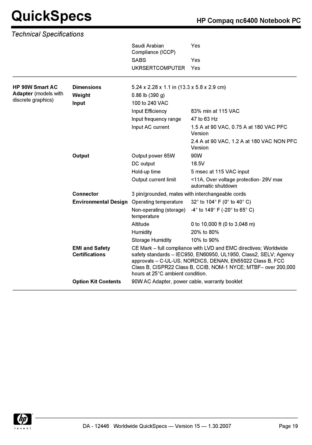 Intel nc6400 manual Input, Output, Connector, Environmental Design, EMI and Safety, Option Kit Contents 