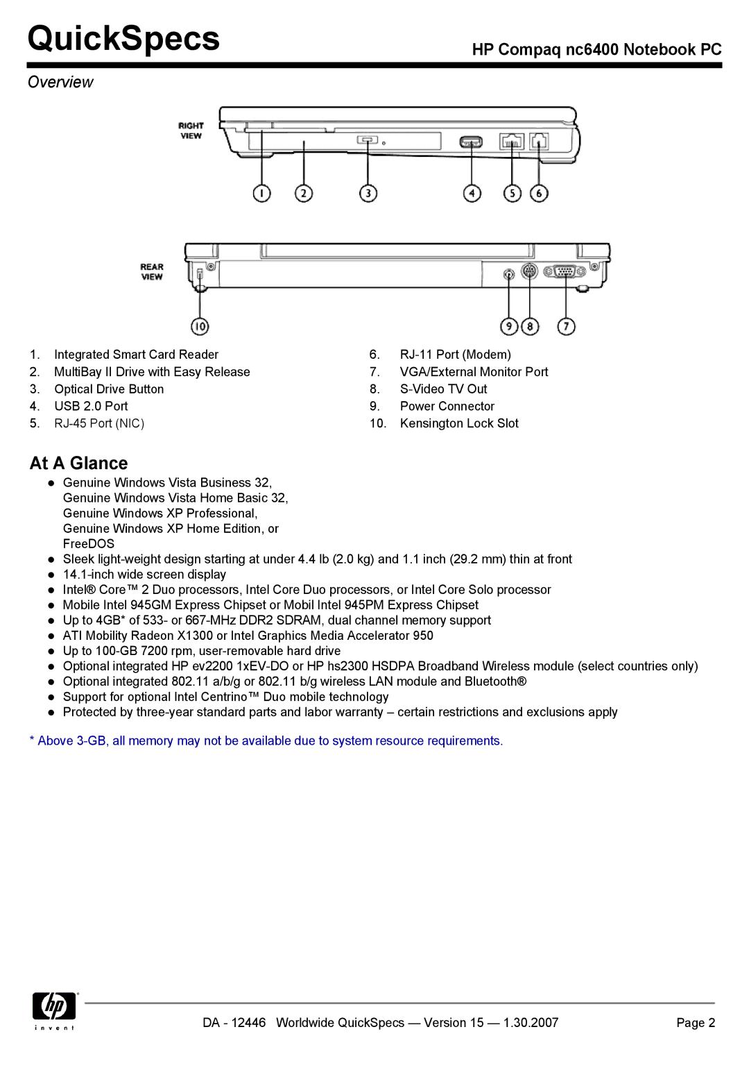 Intel nc6400 manual At a Glance 