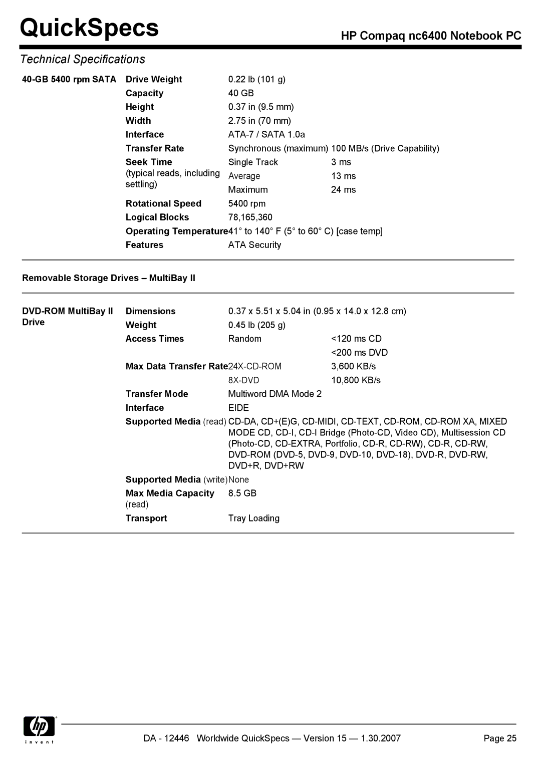 Intel nc6400 40-GB 5400 rpm Sata Drive Weight, Access Times, Max Data Transfer Rate24X-CD-ROM, Transfer Mode, Transport 