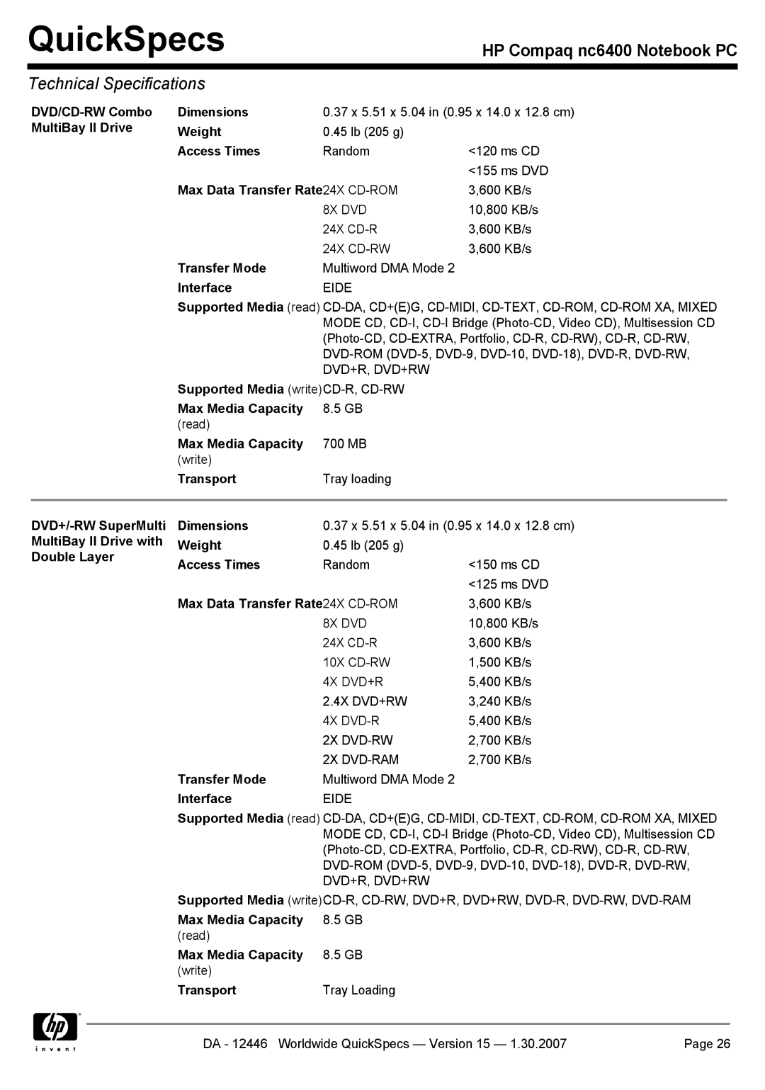 Intel nc6400 manual DVD/CD-RW Combo MultiBay II Drive Dimensions, Max Data Transfer Rate24X CD-ROM 