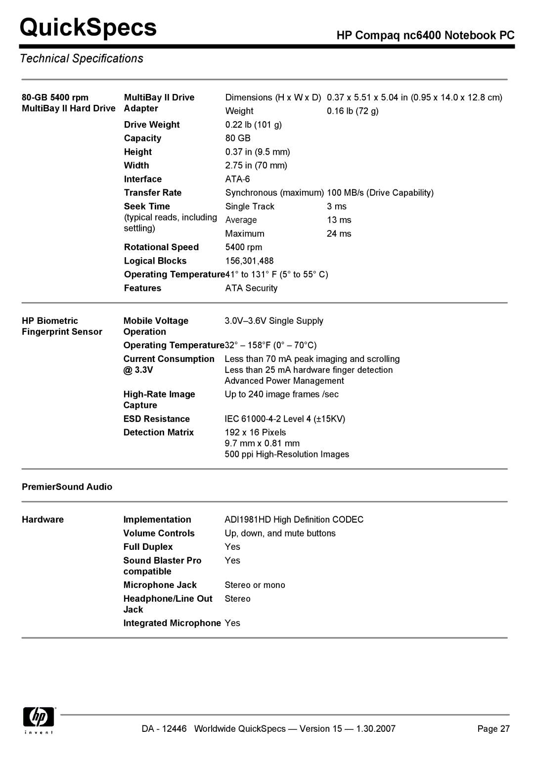 Intel nc6400 80-GB 5400 rpm MultiBay II Drive, MultiBay II Hard Drive Adapter, HP Biometric Mobile Voltage, Full Duplex 