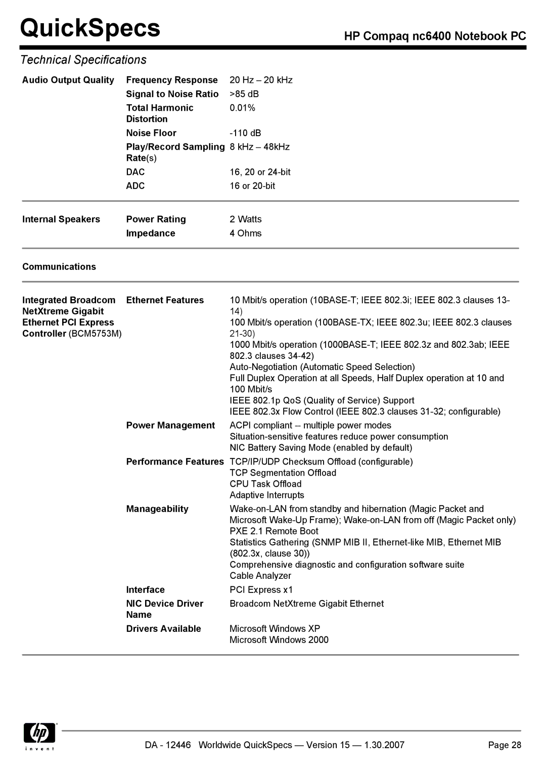 Intel nc6400 manual Audio Output Quality Frequency Response, Signal to Noise Ratio, Total Harmonic, Distortion Noise Floor 